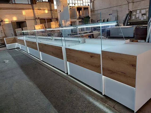 Production: Display counter set with glass guard and LED lighting