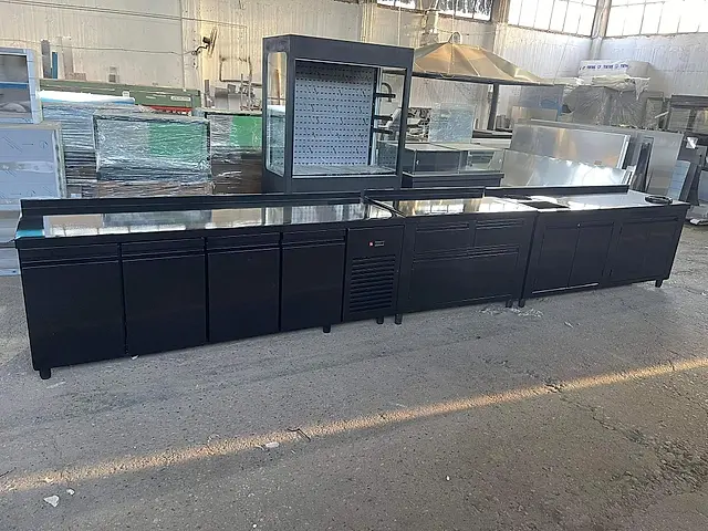 Cafe bar: Black refrigerated counter setup