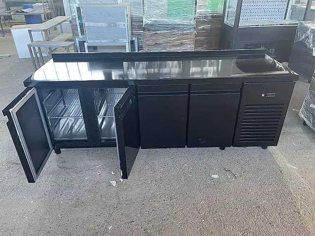 Cafe bar: Black counter fridge with glass doors